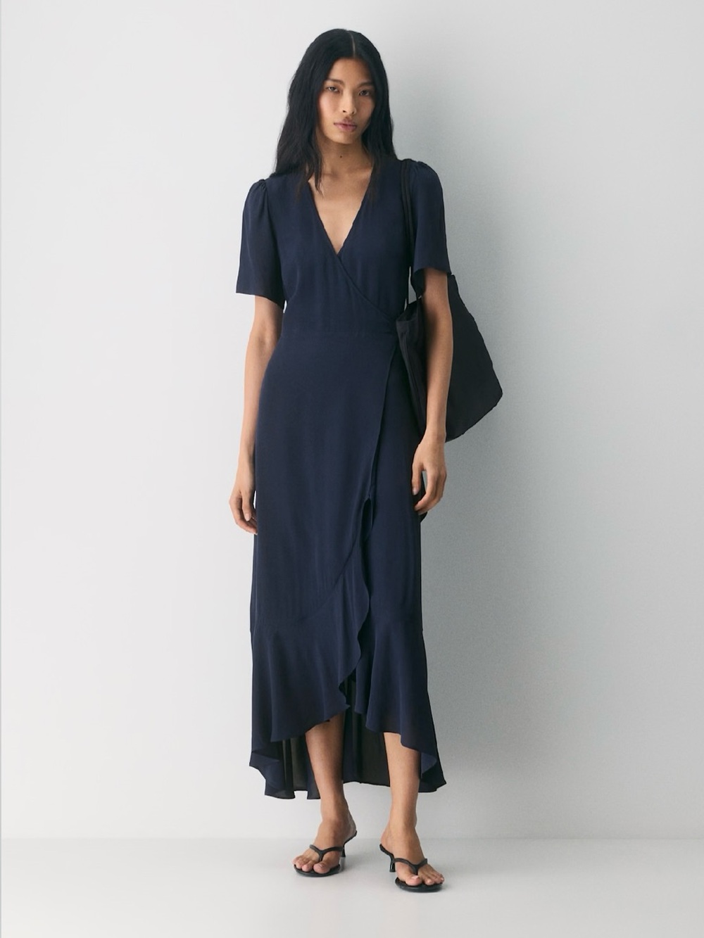 Aritzia Navy Wrap Maxi Dress with Ruffle Hem
